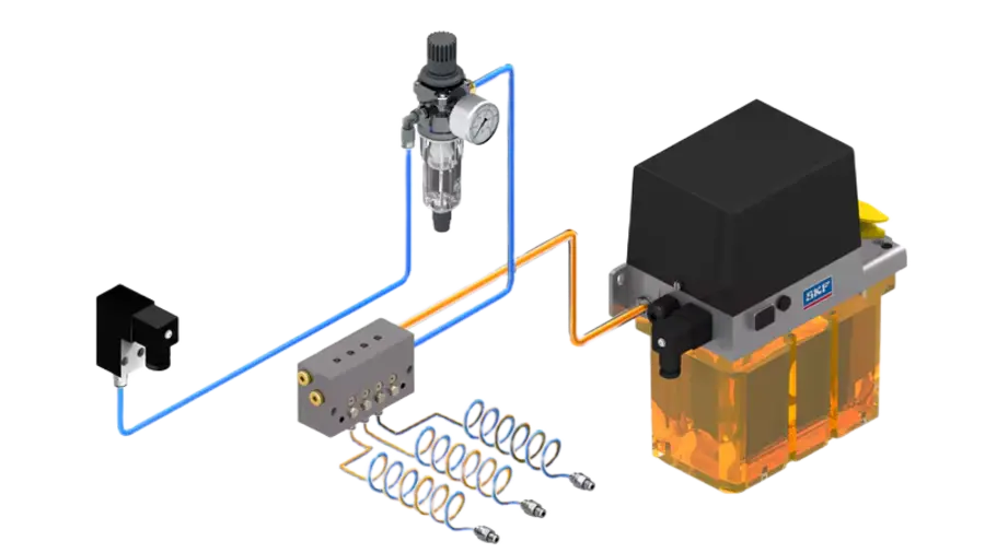 SKF automatic lubrication system with pump and distribution lines