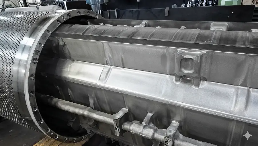 Suction roll being serviced and reconditioned